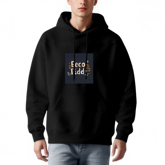 Men's Long Sleeve Hooded Pullover Sweatshirt with Pockets - Black Hoodie featuring ' leco ladd ' Design with Floral Elements in Orange & Green