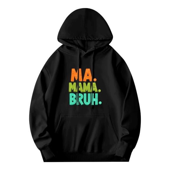 Men's Long Sleeve Hooded Pullover Sweatshirt with Pockets - Colorful ' MA BRUH ' Design in Bold Orange Green and Teal