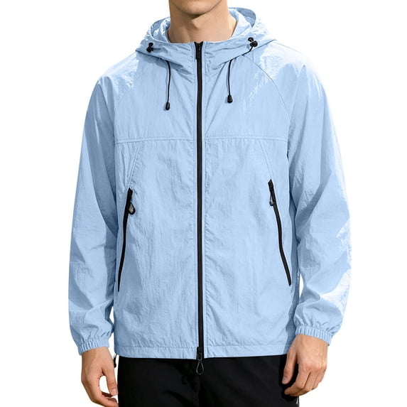 Men's Long Sleeve Hooded Sun Jacket UPF Protection Lightweight Windbreaker Full Zip Up Top with Pockets Water Resistant Quick Dry for Hiking Fishing Travel Outdoor Summer Spring Sky Blue XXXXL