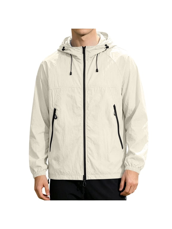 Men's Long Sleeve Hooded Sun Jacket UPF Protection Lightweight Windbreaker Full Zip Up Top with Pockets Water Resistant Quick Dry for Hiking Fishing Travel Outdoor Summer Spring White XL