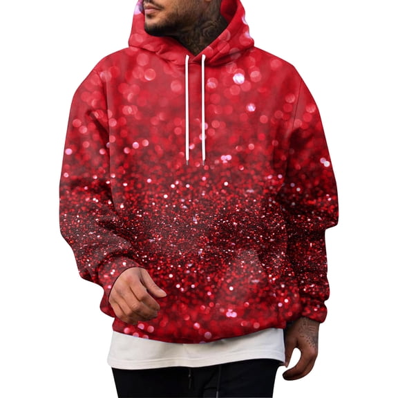 Men’s Long Sleeve Hooded Sweatshirt Pullover with Glitter Print Drawstring Hood and Kangaroo Pocket Casual Fit Vermilion M