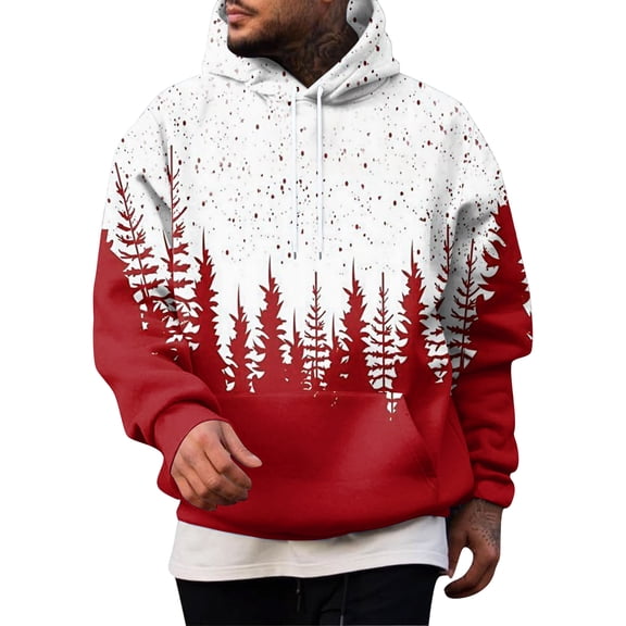Men’s Long Sleeve Hooded Sweatshirt Pullover with Glitter Print Drawstring Hood and Kangaroo Pocket Casual Fit White XL