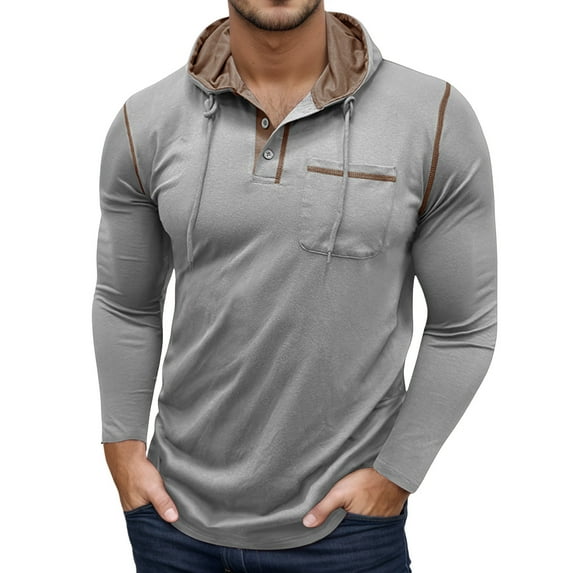 Men's Long Sleeve Hooded T-Shirt Casual Pullover with Button Lightweight Basic Top for Outdoor Activities and Daily Wear Mens T-Shirts Color Blues Slim V Neck T Shirts