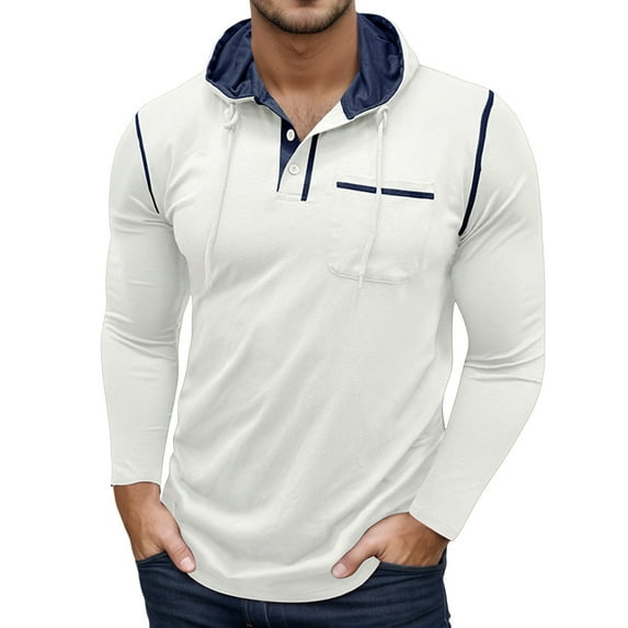 Men's Long Sleeve Hooded T-Shirt Casual Pullover with Button Lightweight Basic Top for Outdoor Activities and Daily Wear Mens T-Shirts Color Blues Slim V Neck T Shirts