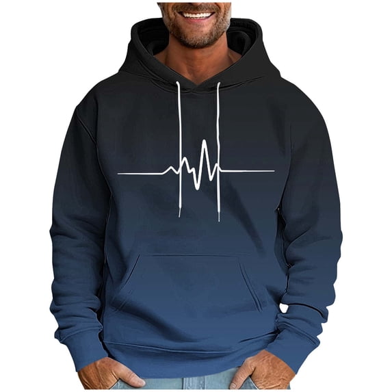 Men's Long Sleeve Hoodie Casual Drawstring Gradient Color Hooded T-Shirts Spring Outdoor Workkout Running Pullover Tops Heartbeat Pulseline