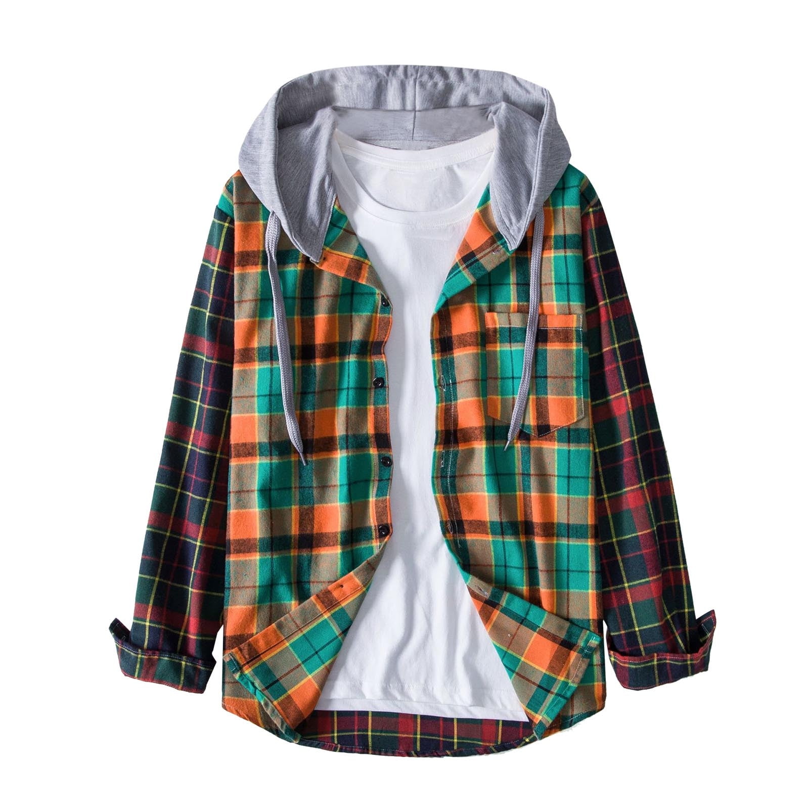 Men's Long Sleeve Hoodie Jacket Plaid Button Down Flannel Shirts, Mens ...