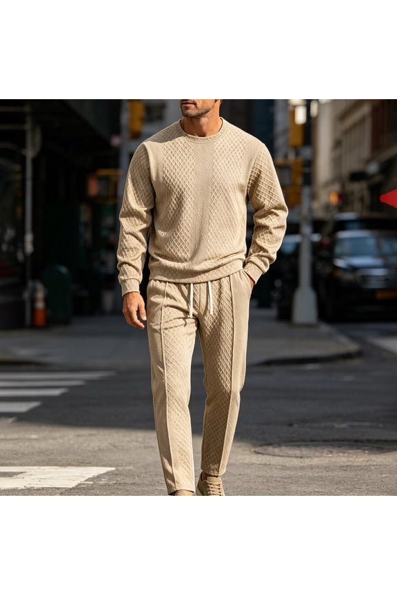 Men's Long Sleeve Hoodie Jogger Matching Set Men's Diamond Texture Turn-Down Collar Solid Color Casual Sports Suit Spring And Loose Versatile For Commuting And Fitness Two-Piece Set Khaki,S