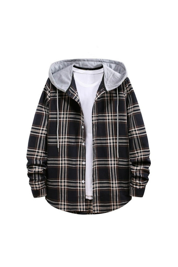 Men's Long Sleeve Hoodie Plaid Classic Button Up Flannel Shirt Jacket with Hood Casual Drawstring Hooded Sweatshirts (M, Black)