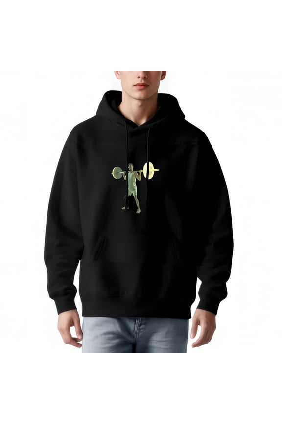 Men's Long Sleeve Hoodie Pullover Sweatshirt - Black with Front Pocket Drawstring Barbell Lift Illustration in Green & Yellow