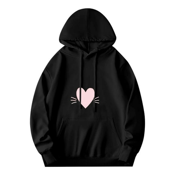 Men's Long Sleeve Hoodie Pullover Sweatshirt - Black with Pink Heart & Whiskers Design Relaxed Fit Front Pocket Drawstrings