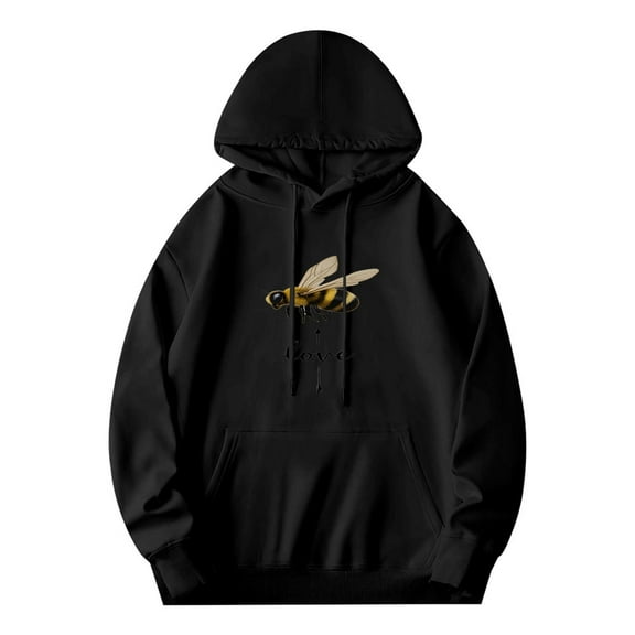 Men's Long Sleeve Hoodie Pullover Sweatshirt with Bee Illustration and ' love ' Text Casual Design with Front Kangaroo Pocket