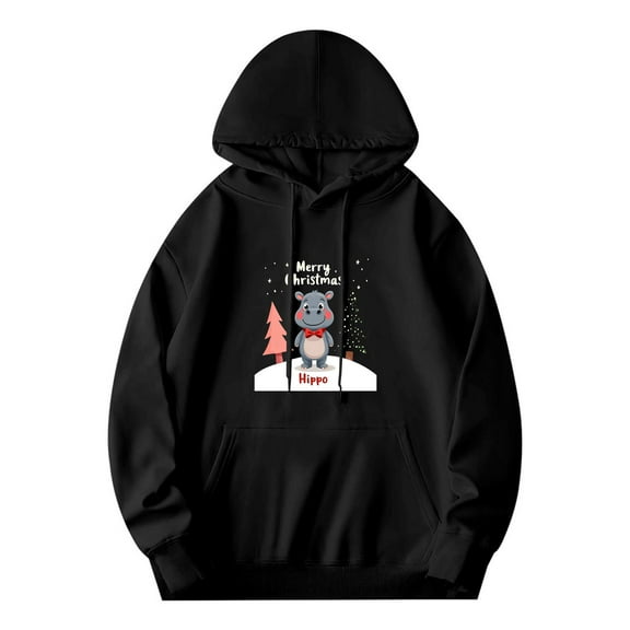 Men's Long Sleeve Hoodie Pullover Sweatshirt with Cartoon Bear Design ' Merry Christmas ' Text and Colorful Christmas Trees