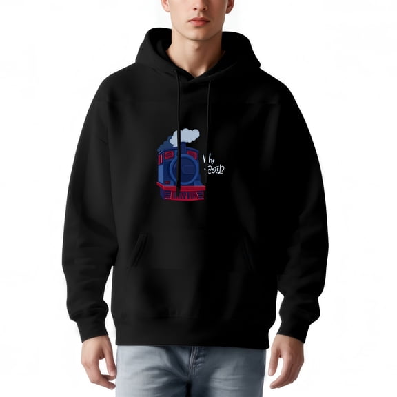 Men's Long Sleeve Hoodie Pullover Sweatshirt with Cartoon Blue Train Design Front Pocket Drawstrings ' Vå göd? ' Text Black