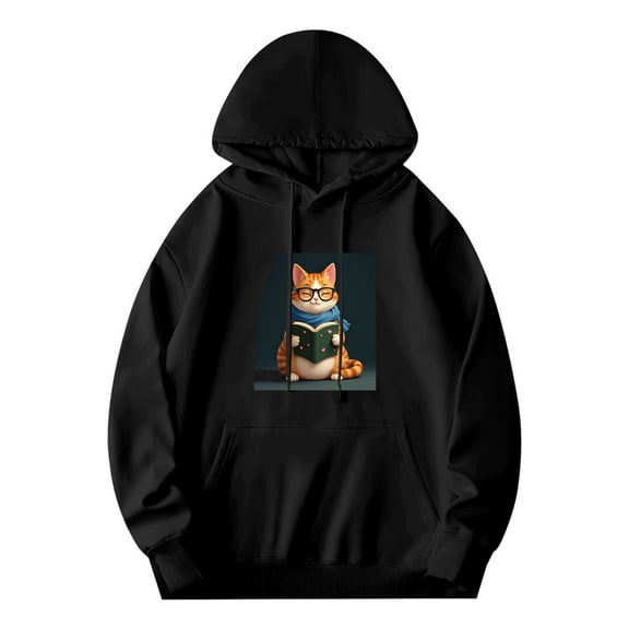 Men's Long Sleeve Hoodie Pullover Sweatshirt with Cartoon Cat Design - Orange Striped Cat in Glasses Holding a Book Black Background