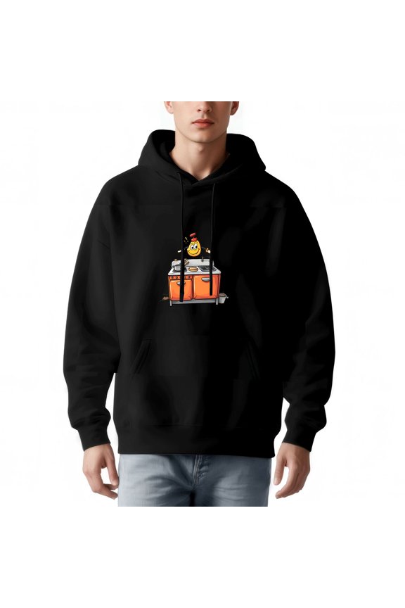 Men's Long Sleeve Hoodie Pullover Sweatshirt with Cartoon Egg Design on Jukebox - Smiling Yellow Egg with Red Hat Front Pocket