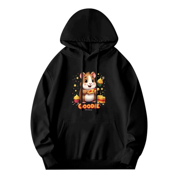 Men's Long Sleeve Hoodie Pullover Sweatshirt with Cartoon Hamster Pizza Cupcakes & Gift Box Design Pockets Fun & Colorful