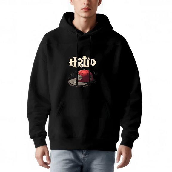 Men's Long Sleeve Hoodie Pullover Sweatshirt with Cartoon Red Helmet Design & Playful ' Hello my ' Text - Front Pocket & Drawstrings