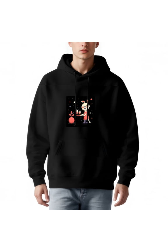 Men's Long Sleeve Hoodie Pullover Sweatshirt with Colorful Cartoon Rabbit Design Front Pocket and Drawstrings - Unique Space Theme