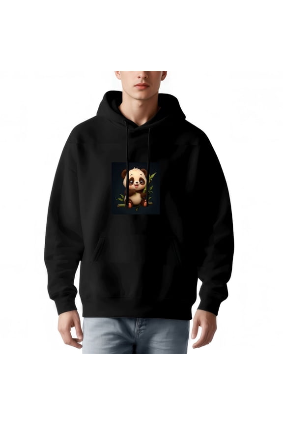 Men's Long Sleeve Hoodie Pullover Sweatshirt with Cute Cartoon Panda on Design Front Pocket Relaxed Fit Drawstrings