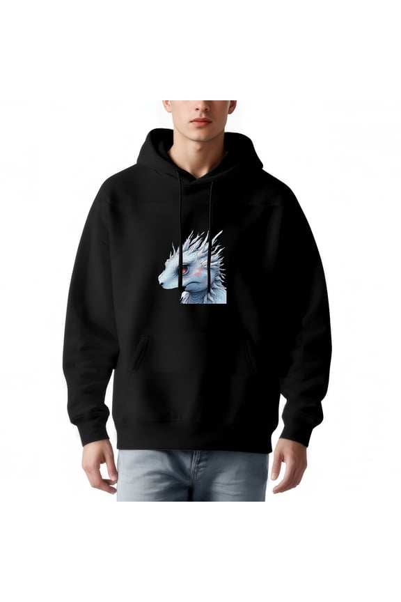Men's Long Sleeve Hoodie Pullover Sweatshirt with Dragon Graphic - Fantasy-Inspired Design Light with Red Eyes Front Pocket