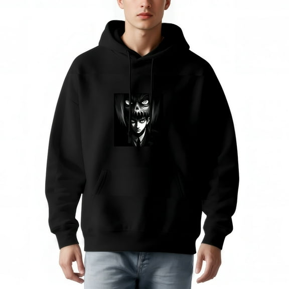 Men's Long Sleeve Hoodie Pullover Sweatshirt with Dramatic Character Design Features & Intense Eyes Front Pockets