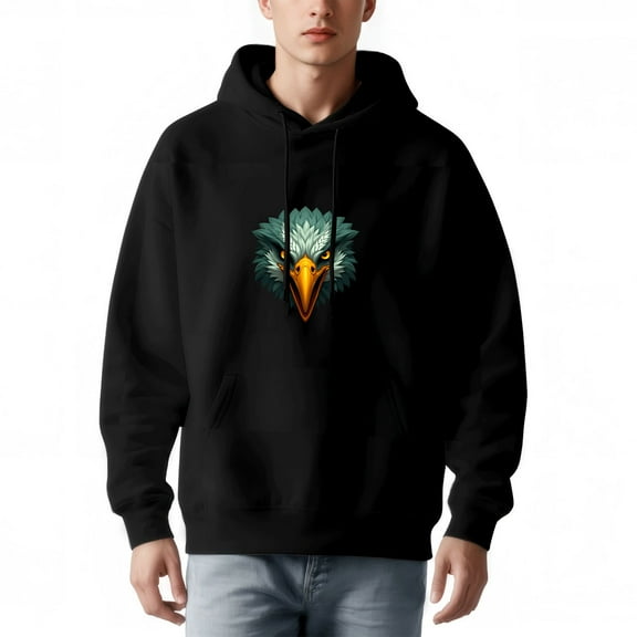 Men's Long Sleeve Hoodie Pullover Sweatshirt with Eagle Head Design Orange Green White Feathers Front Pocket Relaxed Fit