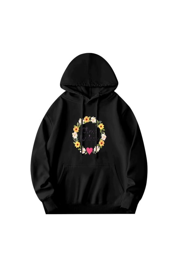 Men's Long Sleeve Hoodie Pullover Sweatshirt with Floral Wreath Design ' Cherry Blossom ' Text Front Pocket Relaxed Fit