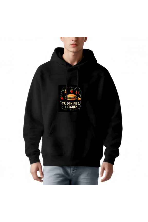 Men's Long Sleeve Hoodie Pullover Sweatshirt with Front Pocket Bold Hamburger Graphic & ' TRIEGH KITCHEN ' Design