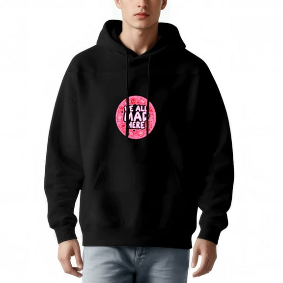 Men's Long Sleeve Hoodie Pullover Sweatshirt with Front Pocket Bold Pink ' WE ALL WAN ' T HERE ' Circular Design Relaxed Fit