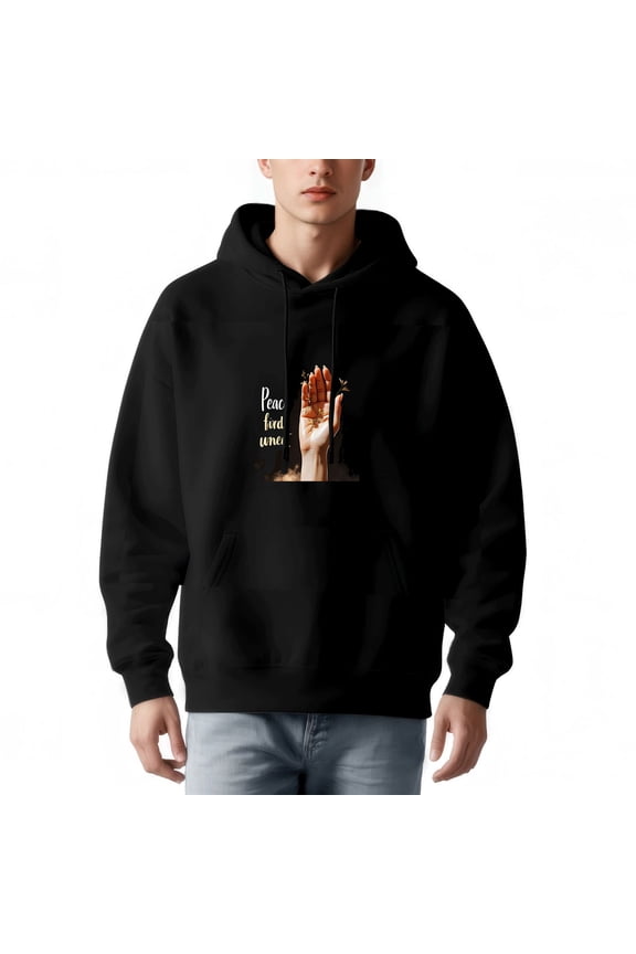 Men's Long Sleeve Hoodie Pullover Sweatshirt with Front Pocket Butterfly Hand Design & ' Pâme un ami ' Text Relaxed Fit