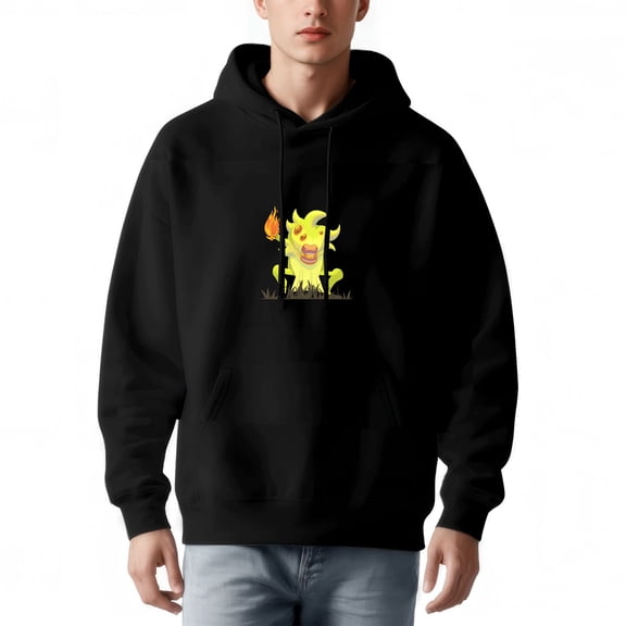 Men's Long Sleeve Hoodie Pullover Sweatshirt with Front Pocket Cartoon Flame - Headed Creature Design on Black Background