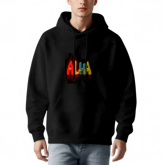 Men's Long Sleeve Hoodie Pullover Sweatshirt with Front Pocket Colorful ' ALHA ' Design Distressed Background Drawstrings