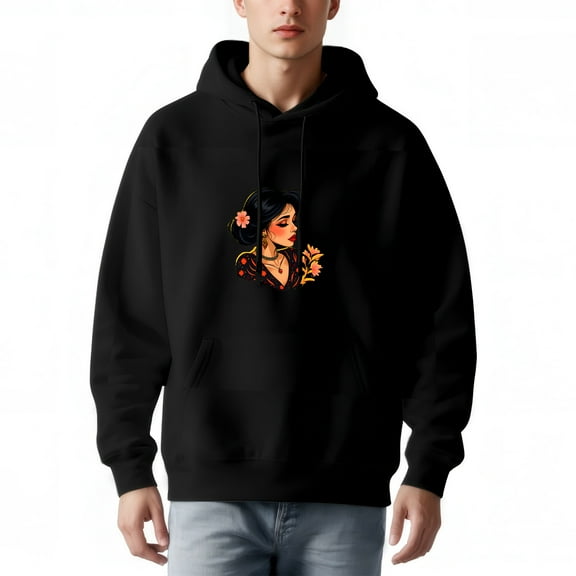 Men's Long Sleeve Hoodie Pullover Sweatshirt with Front Pocket Colorful Artistic Design Featuring a Woman in a Polka - Dotted Dress