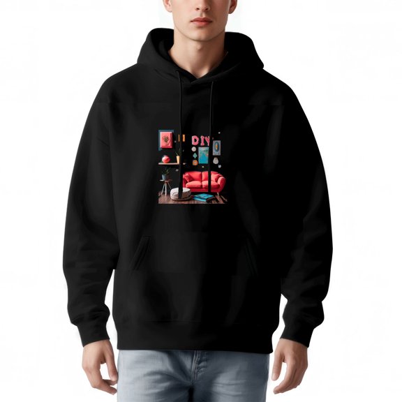 Men's Long Sleeve Hoodie Pullover Sweatshirt with Front Pocket - Colorful Cozy Room Design with Red Couch & Whimsical Art
