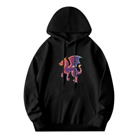 Men's Long Sleeve Hoodie Pullover Sweatshirt with Front Pocket Colorful Dragon Design in Red Orange and Purple - Casual Style