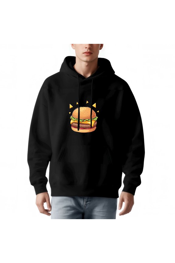 Men's Long Sleeve Hoodie Pullover Sweatshirt with Front Pocket Colorful Hamburger Graphic Design Relaxed Fit Drawstring Hood