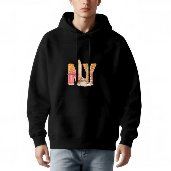 Men's Long Sleeve Hoodie Pullover Sweatshirt with Front Pocket Colorful ' NY ' Graphic Design featuring Pink Can & Yellow Building