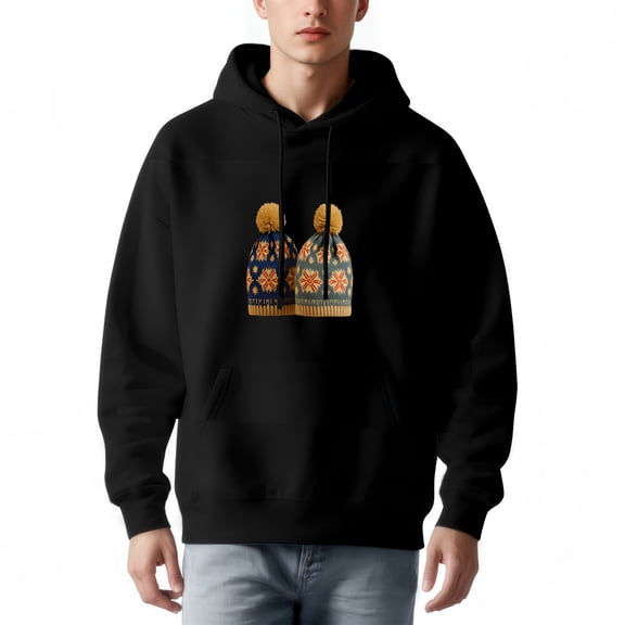Men's Long Sleeve Hoodie Pullover Sweatshirt with Front Pocket Colorful Winter Hat Design Relaxed Fit Drawstrings