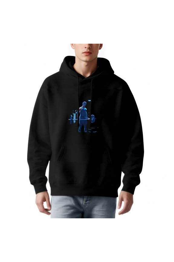 Men's Long Sleeve Hoodie Pullover Sweatshirt with Front Pocket Dynamic Barbell Graphic on Blue Background Perfect for Fitness Enthusiasts