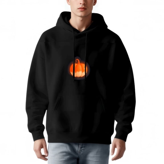 Men's Long Sleeve Hoodie Pullover Sweatshirt with Front Pocket Featuring a Glowing Pumpkin Design - Relaxed Fit Drawstring Hood