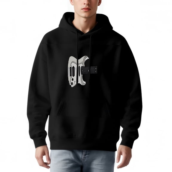 Men's Long Sleeve Hoodie Pullover Sweatshirt with Front Pocket Featuring a Stylish White Electric Guitar Graphic Design