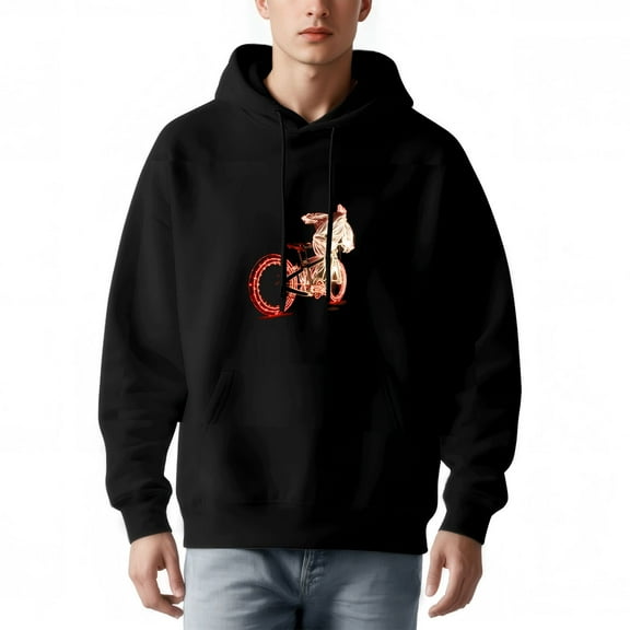 Men's Long Sleeve Hoodie Pullover Sweatshirt with Front Pocket Graphic Bicycle Design Relaxed Fit Drawstring Hood Black