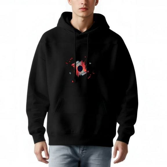 Men's Long Sleeve Hoodie Pullover Sweatshirt with Front Pocket Graphic Design featuring Red & Gray Circular Pattern with Dots & Shapes