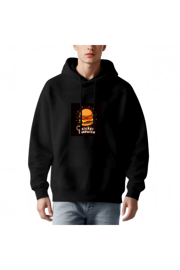 Men's Long Sleeve Hoodie Pullover Sweatshirt with Front Pocket Graphic Hamburger Design & ' CHICKEN & SANDWICH ' Text Relaxed Fit