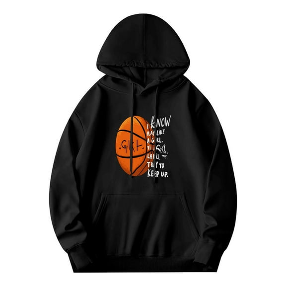 Men's Long Sleeve Hoodie Pullover Sweatshirt with Front Pocket Graphic Orange Basketball & ' KNOW WHAT YOU WANT ' Design