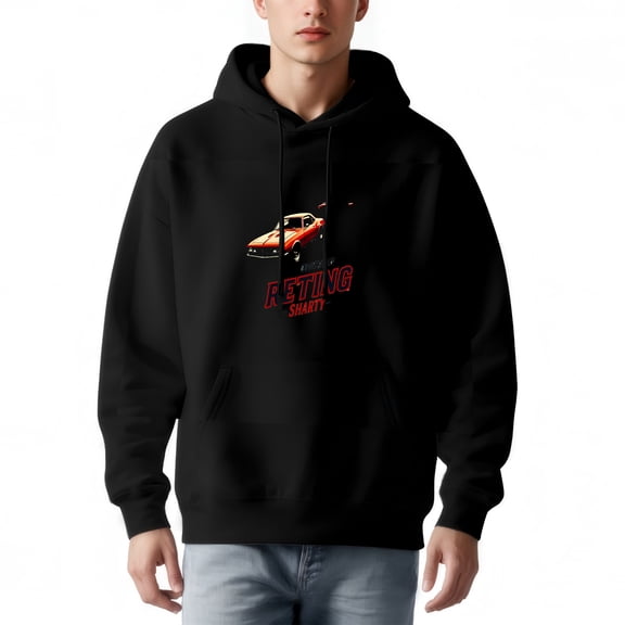 Men's Long Sleeve Hoodie Pullover Sweatshirt with Front Pocket Graphic of Red & White Car ' PETING SHANTY ' Text Design