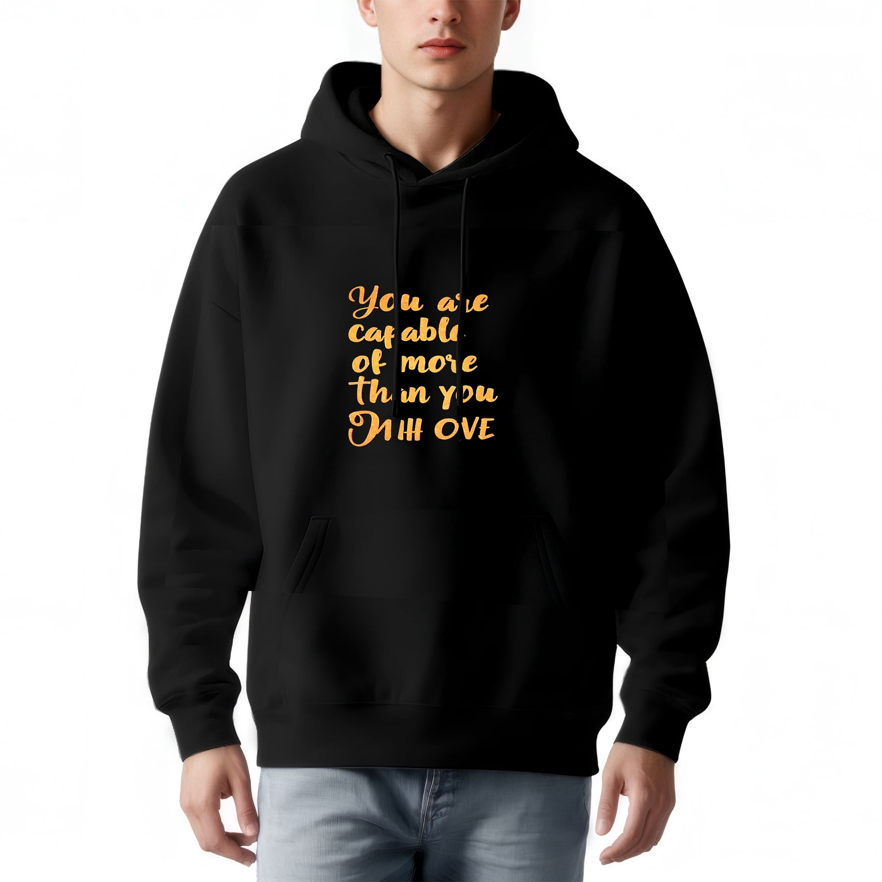Men's Long Sleeve Hoodie Pullover Sweatshirt with Front Pocket Motivational Quote in Orange: " You are capable of more than you think "