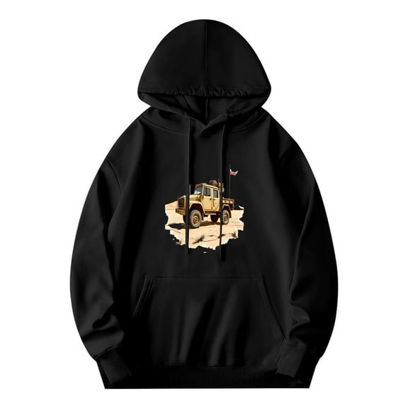 Men's Long Sleeve Hoodie Pullover Sweatshirt with Front Pocket Rugged Off - Road Vehicle Graphic on Sandy Terrain Drawstring Hood