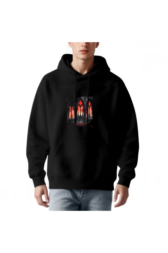 Men's Long Sleeve Hoodie Pullover Sweatshirt with Gothic Window Design Sunset Hues Red ' GOD ' Text Front Pocket