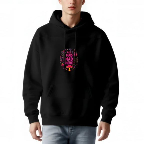 Men's Long Sleeve Hoodie Pullover Sweatshirt with Pockets - ' ALL MAD HERE ' Colorful Graphic Design with Whimsical Illustrations